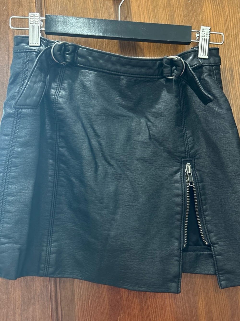 Free People Black Faux Leather Mini Skirt with Ring-Belt